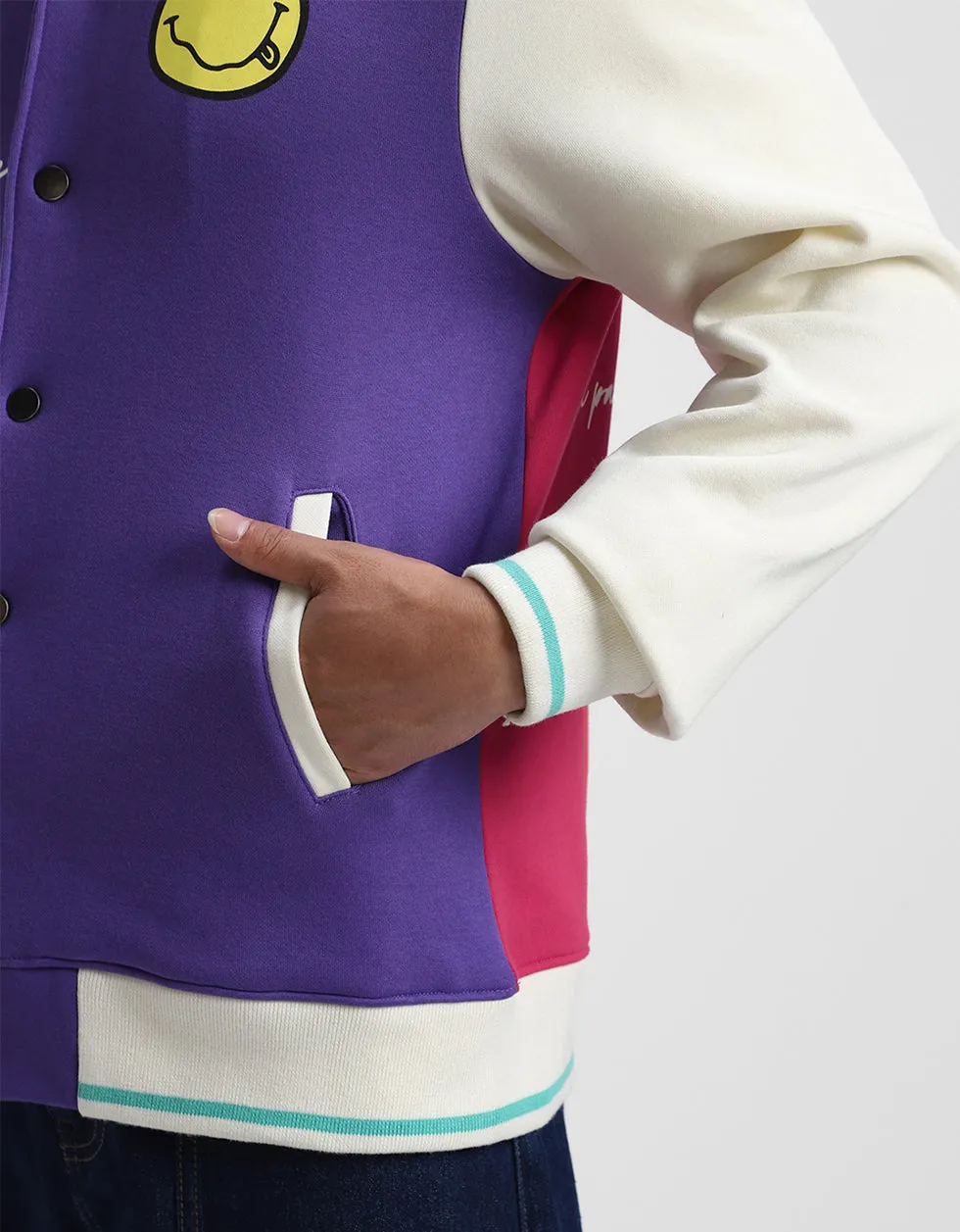 Purple Front Graphic Printed Varsity Jacket