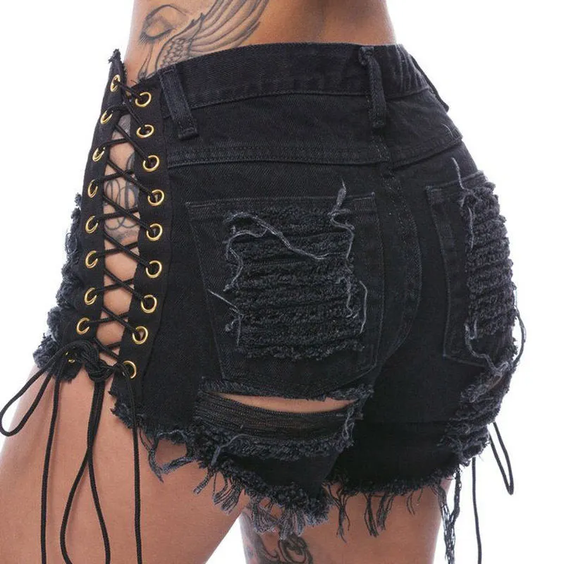 "beyonce" lace up side cutout distressed denim shorts