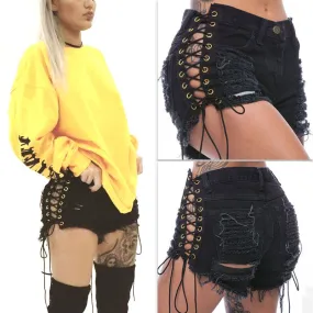 "beyonce" lace up side cutout distressed denim shorts