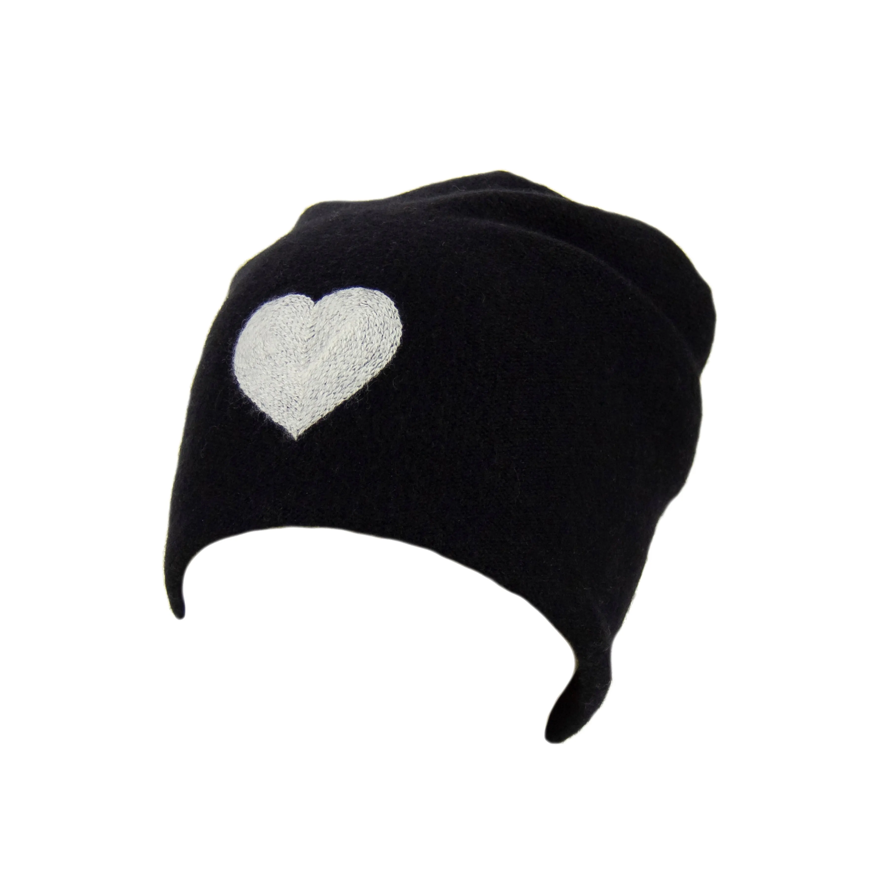 Reversible Slouchy Black Cashmere Hat with White Heart and White Pom-Pom