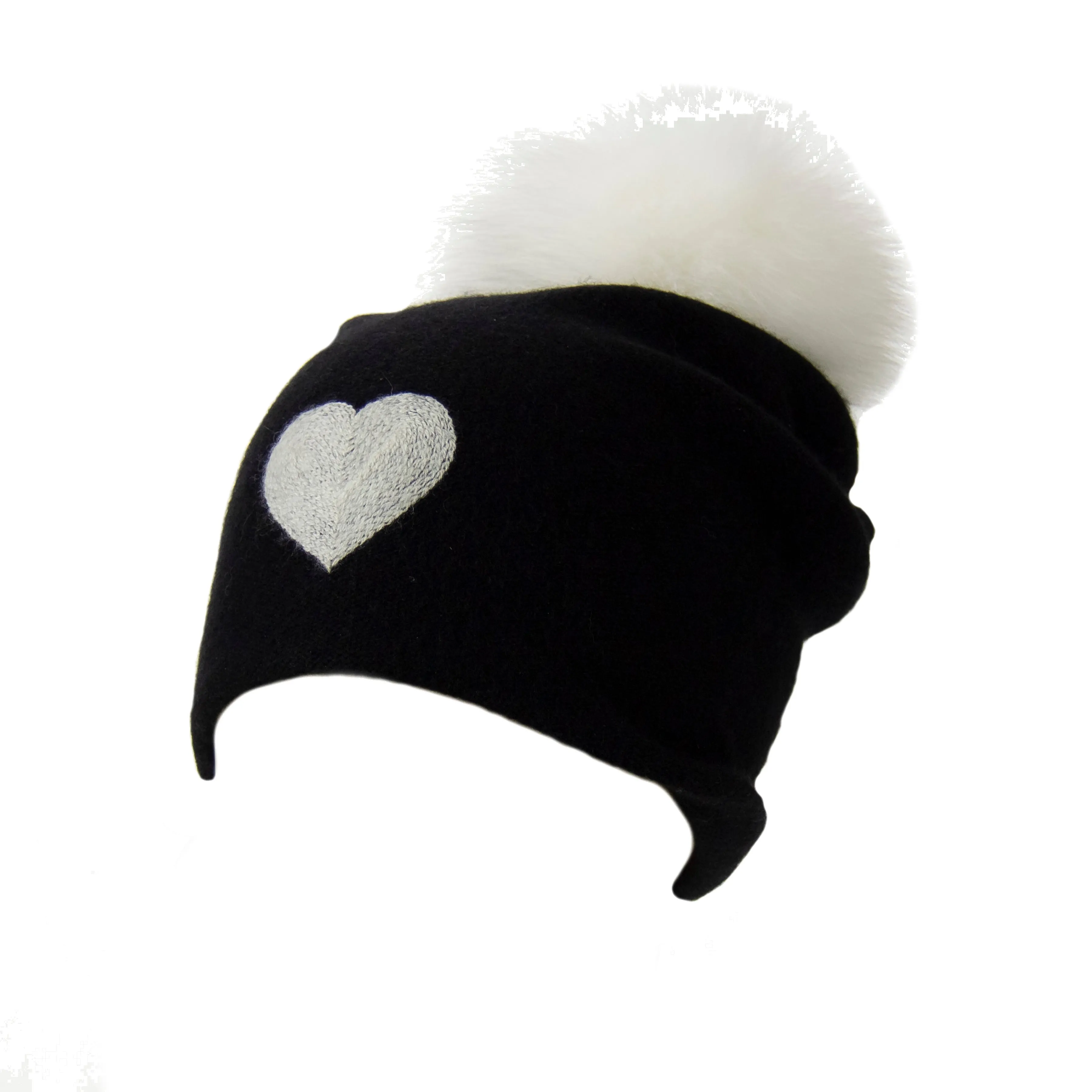 Reversible Slouchy Black Cashmere Hat with White Heart and White Pom-Pom