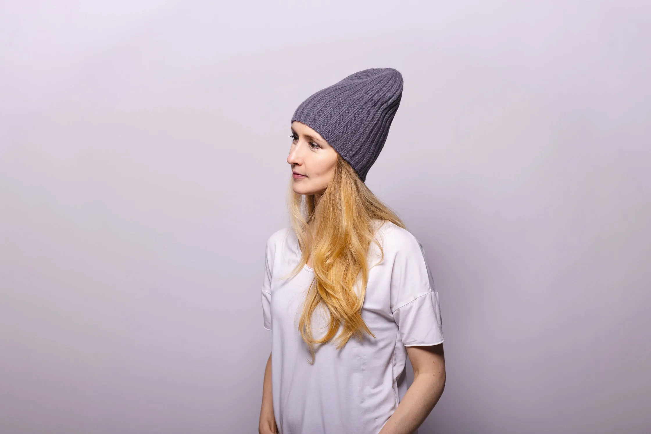 Ribbed Grey Cashmere Hat with Pine Mist Pom-Pom