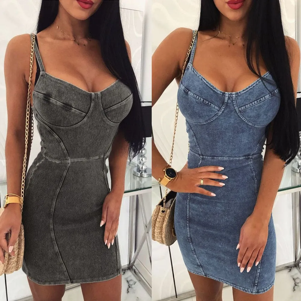 Seam Detail Bustier Bodycon Cami Denim Dress