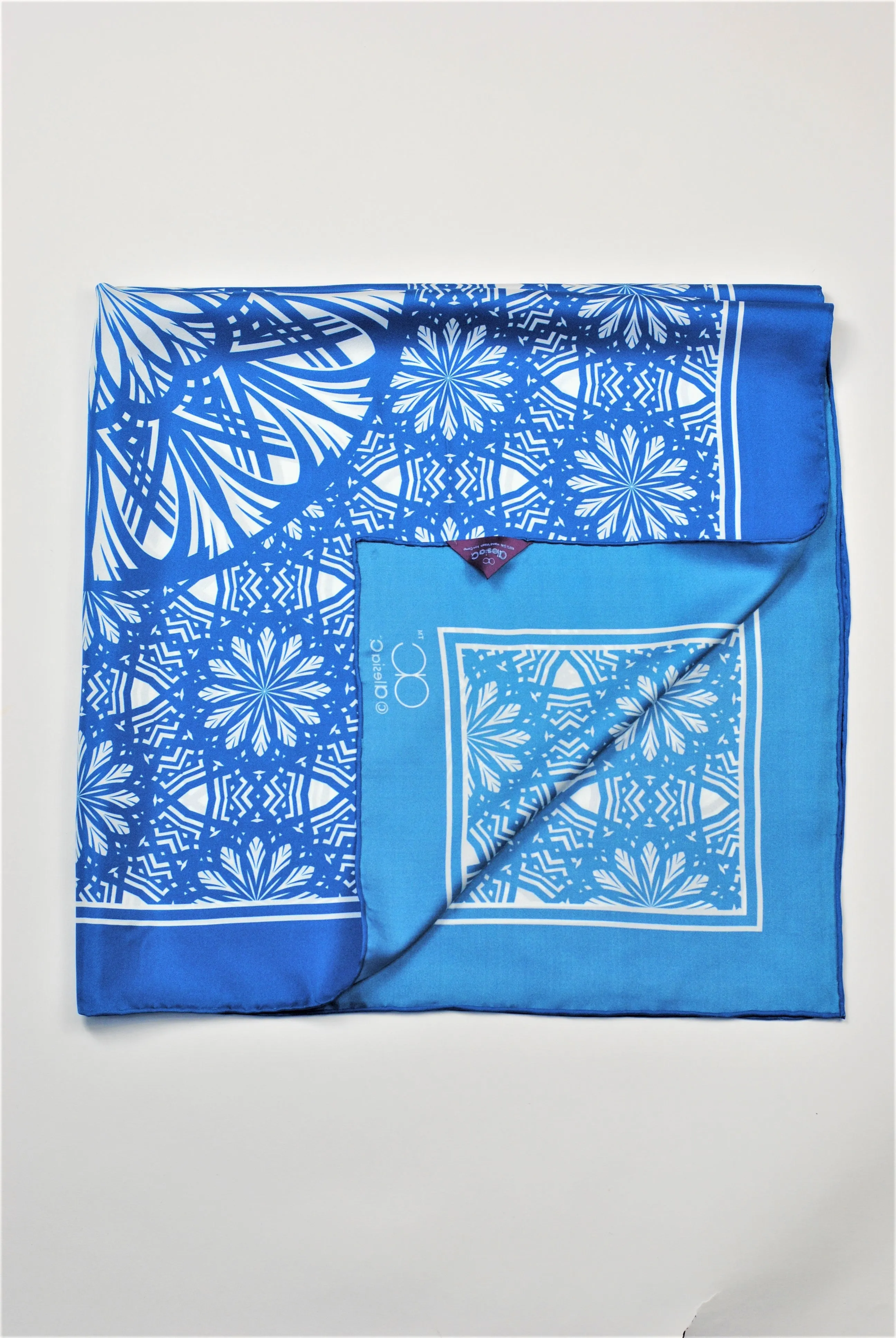 SERENITY Mandala 100% Silk Square Scarf in Blue White