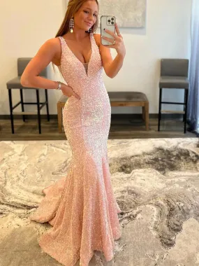 Shiny Pink Sequins V Neck Open Back Mermaid Long Prom Dresses, Mermaid Pink Formal Graduation Evening Dresses