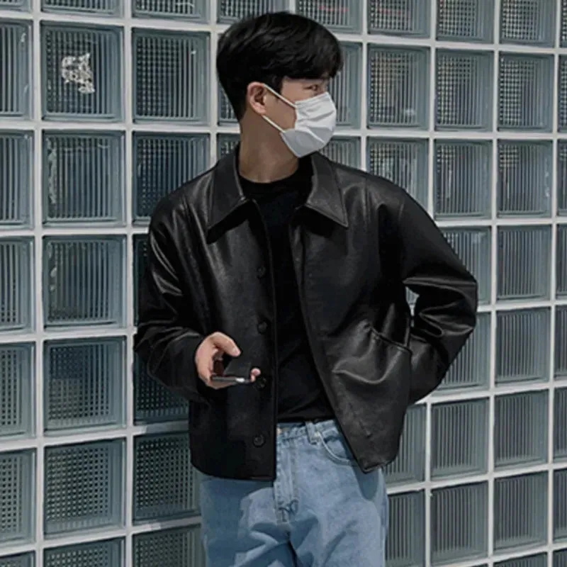 Short Motorcycle Pu Leather Coat Trend Men's Autumn New Korean Style High End Lapel Loose Jacket Fashion Streetwear 9C1118