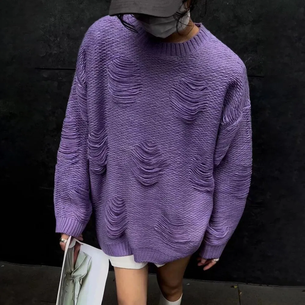 Solid Casual Loose Minimalist Knitted Sweaters For Women Round Neck Long Sleeve Pullover Temperament Sweater Female