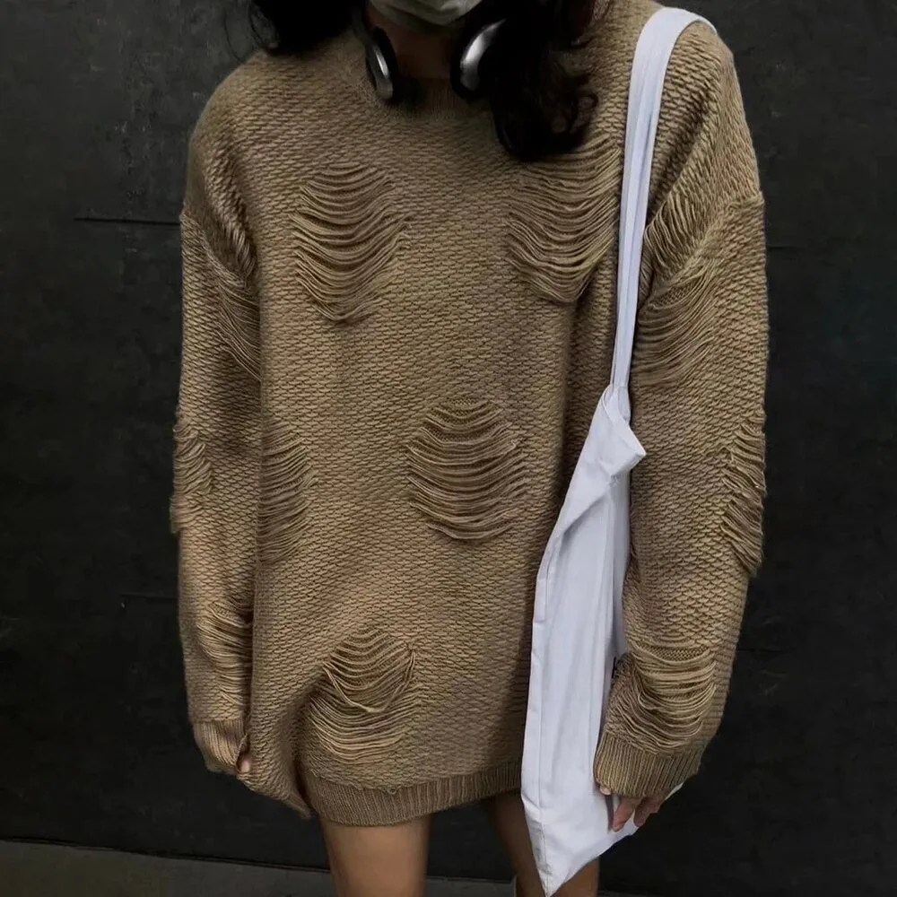 Solid Casual Loose Minimalist Knitted Sweaters For Women Round Neck Long Sleeve Pullover Temperament Sweater Female