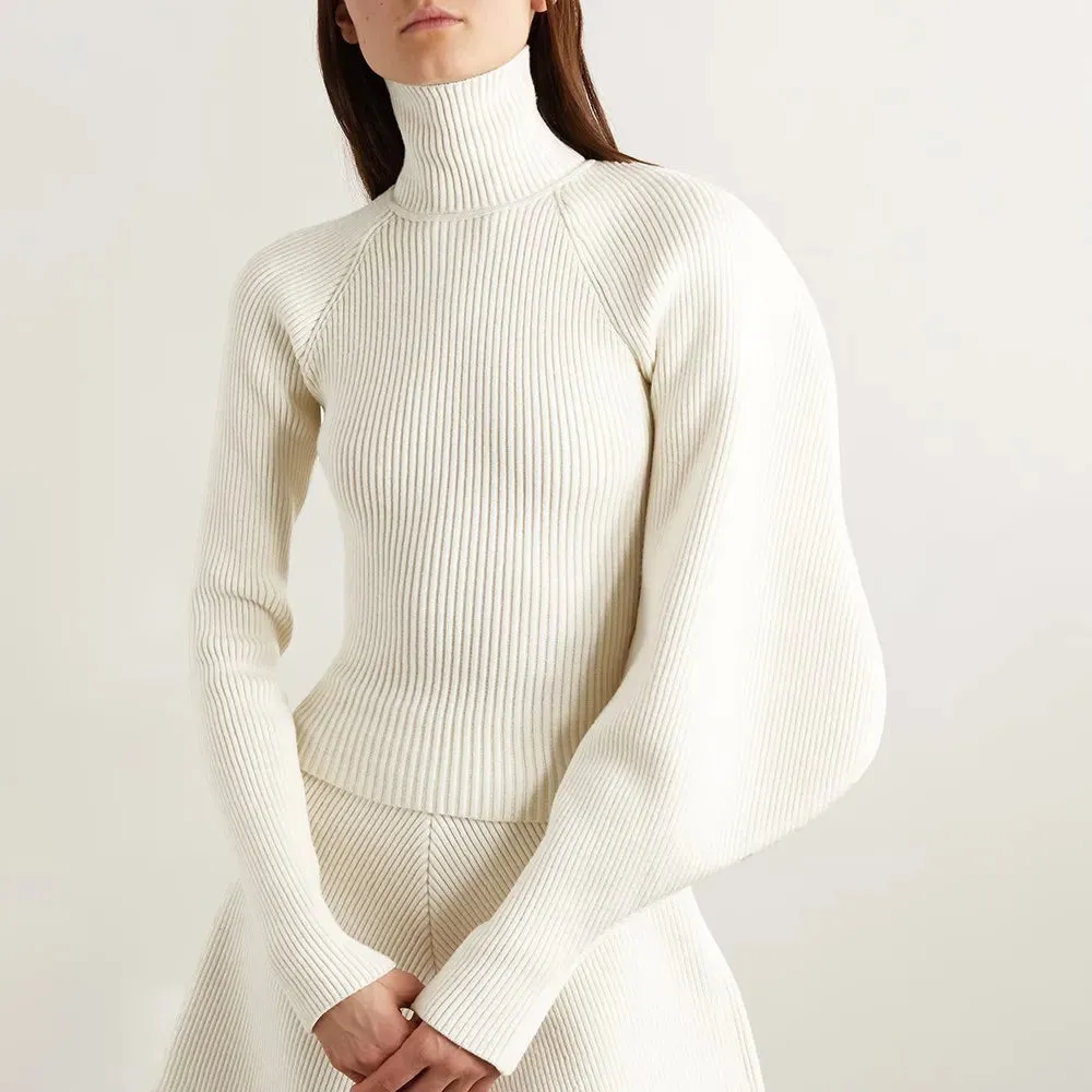 Solid Knitting Minimalist Sweater For Women Turtleneck Lantern Sleeve Slimming Temperament Sweaters Female Fashion Style