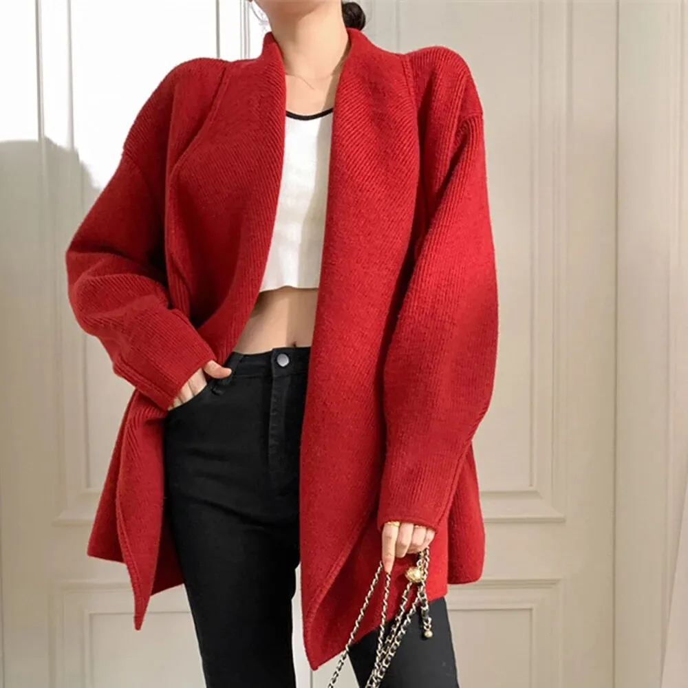 Solid Loose Casual Knitting Sweaters For Women Lapel Long Sleeve Minimalist Temperament Sweater Female Fashion