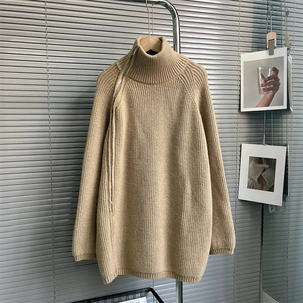 Solid Minimalist Sweaters For Women Turtleneck Long Sleeve Loose Patchwork Zipper Knitting Sweater Female Clothing