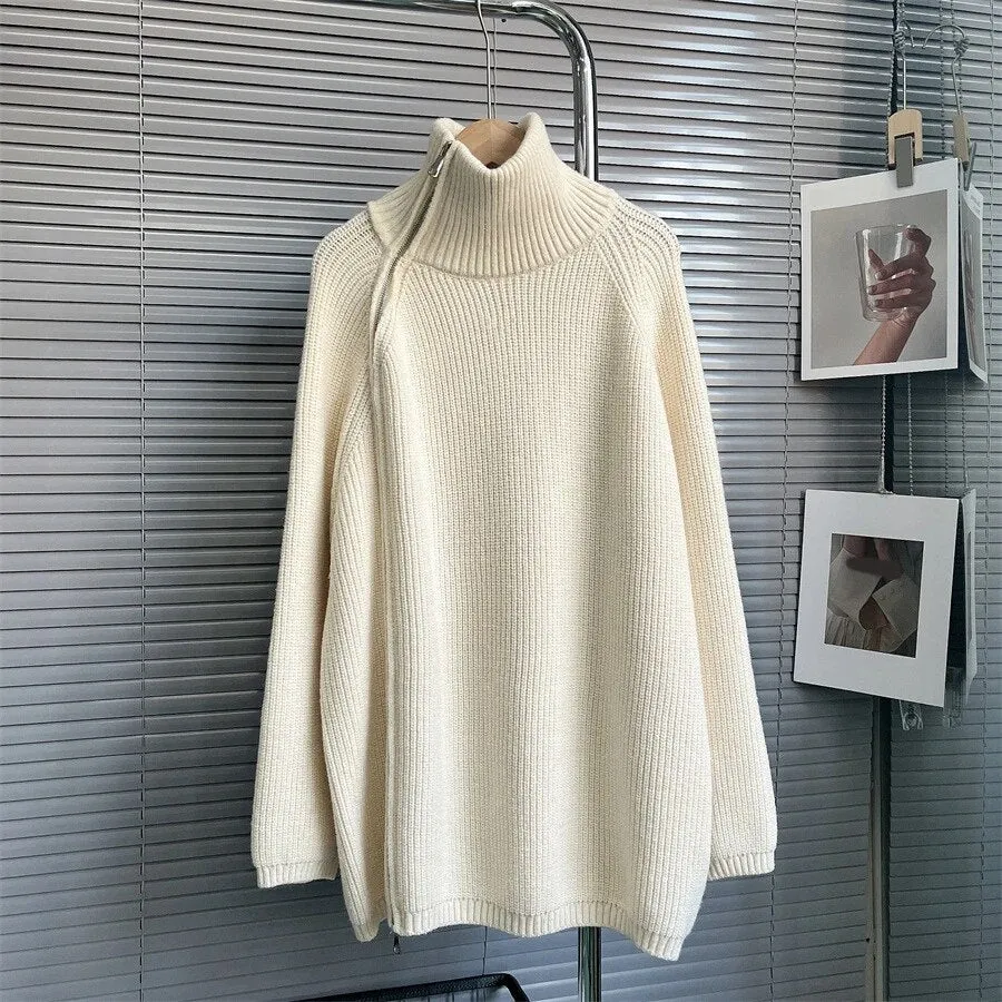 Solid Minimalist Sweaters For Women Turtleneck Long Sleeve Loose Patchwork Zipper Knitting Sweater Female Clothing