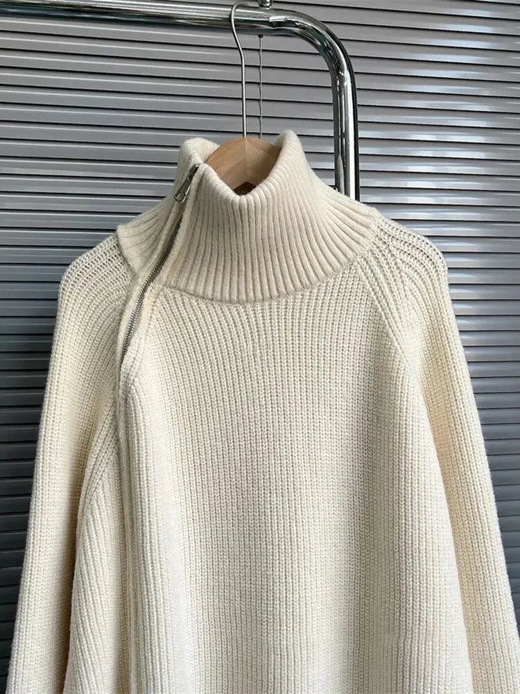 Solid Minimalist Sweaters For Women Turtleneck Long Sleeve Loose Patchwork Zipper Knitting Sweater Female Clothing