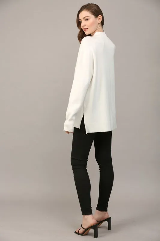 Solid Side Slit Mock Neck Sweater