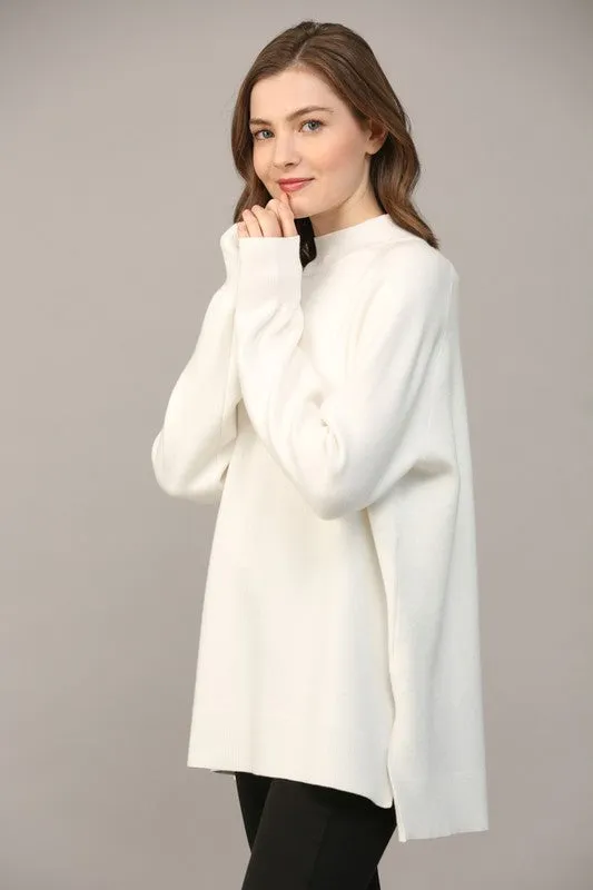 Solid Side Slit Mock Neck Sweater