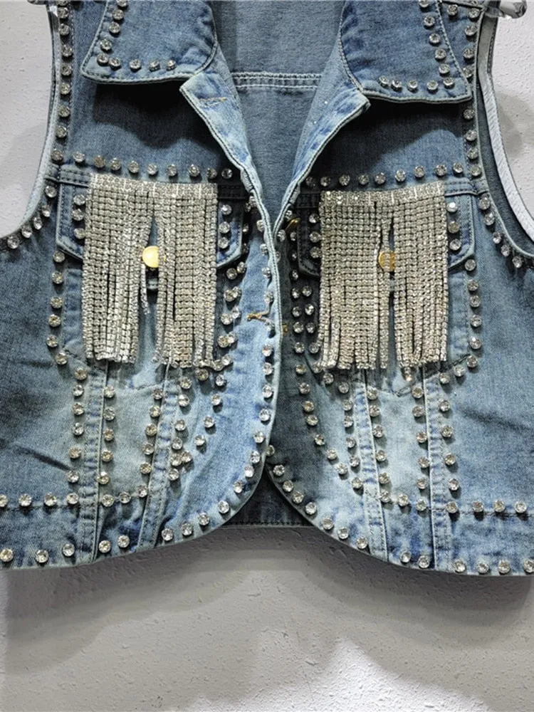 Spliced Tassel Denim Waistcoats For Women Lapel Sleeveless Patchwork Diamond Chic Loose Waistcoat Female Fashion