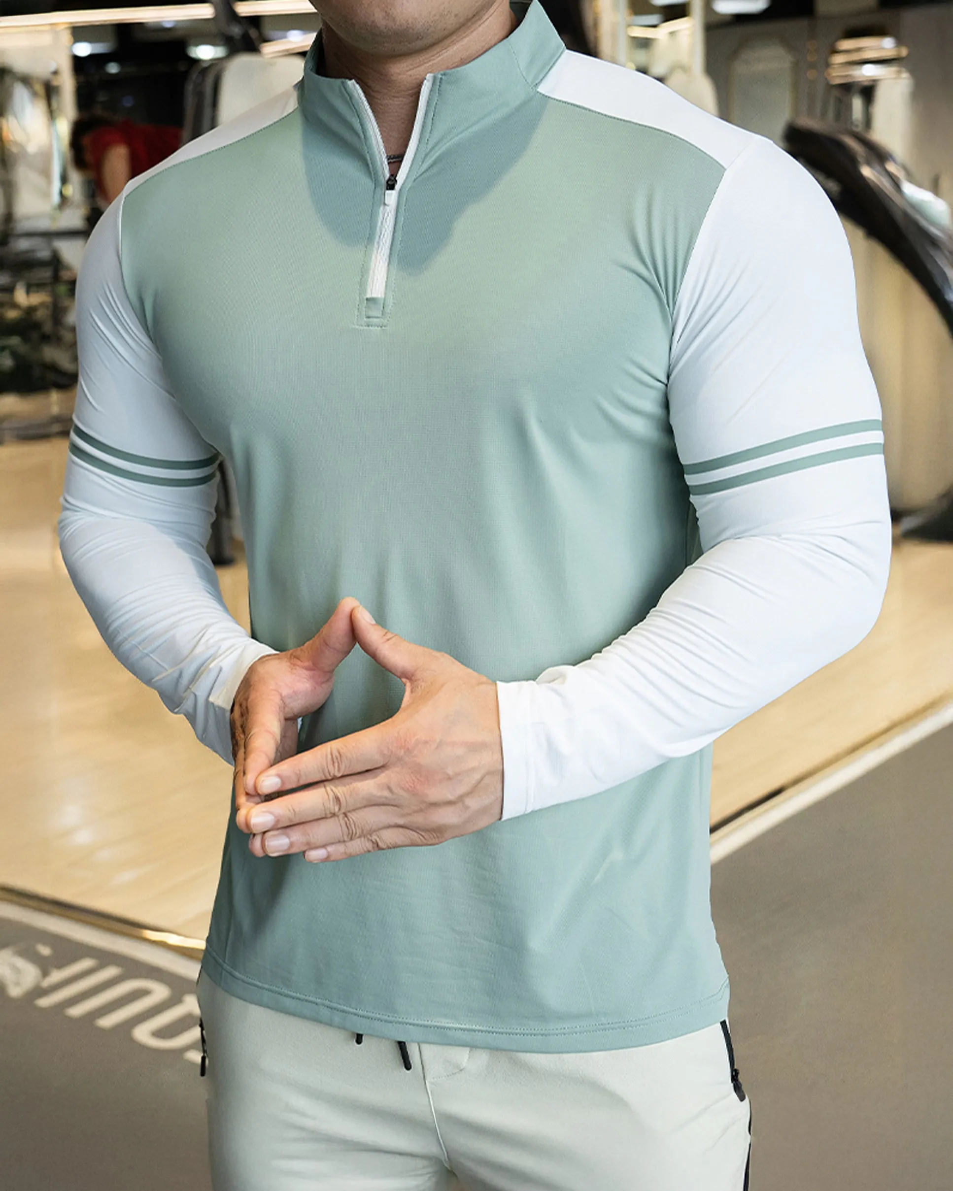 Staycool Two-Tone Stripe Quarter Zip Long Sleeve Shirt