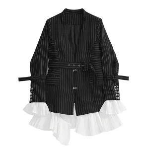 Striped Blazer For Women Notched Collar Long Sleeve Sashes Patchwork Colorblock Blazers Female Autumn Clothing