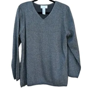 Susan Graver Style V Neck Long Sleeve Gray Glitter Metallic Lightweight Sweater