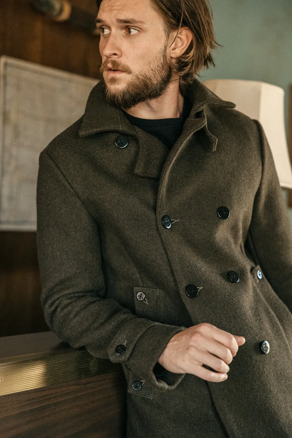 The Mallet Peacoat 21oz Melton Wool - Military Green