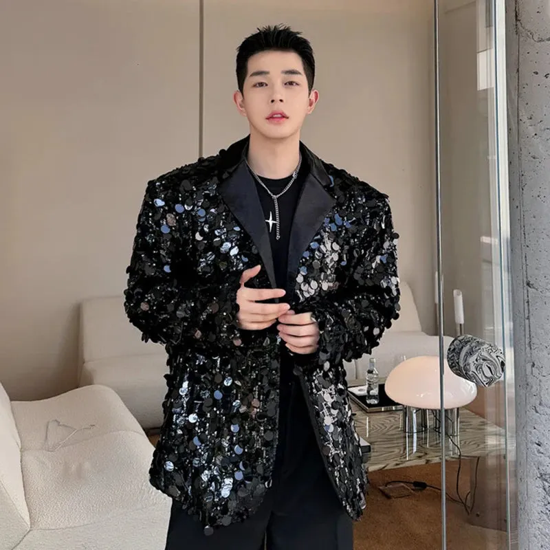 Trendy Sequin Blazer Men Niche Design Korean Chic Male Suit Jacket Temperament Lapel Single Breasted Top Spring 9C3764