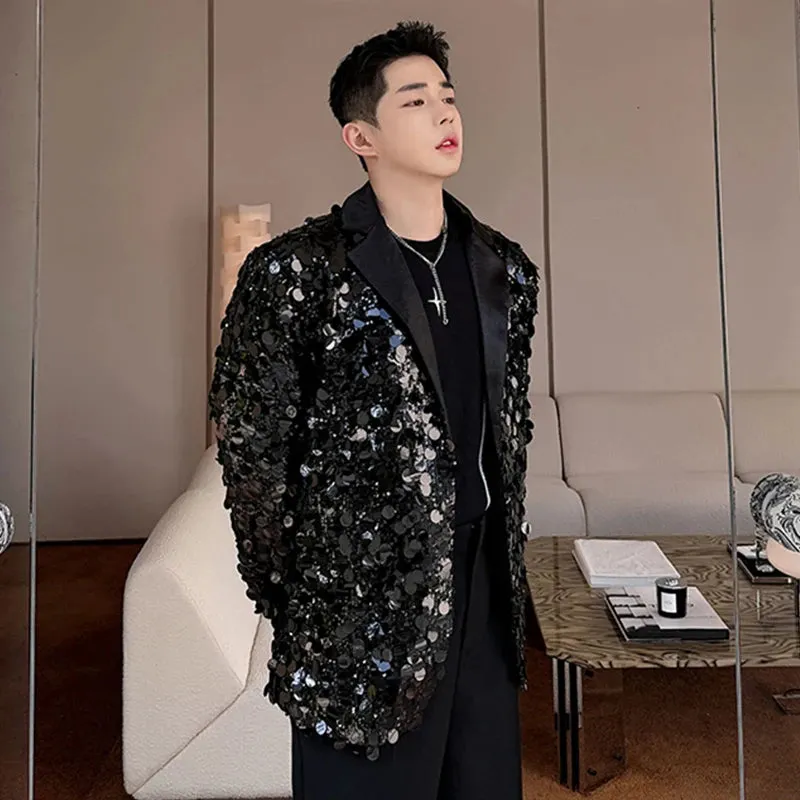 Trendy Sequin Blazer Men Niche Design Korean Chic Male Suit Jacket Temperament Lapel Single Breasted Top Spring 9C3764