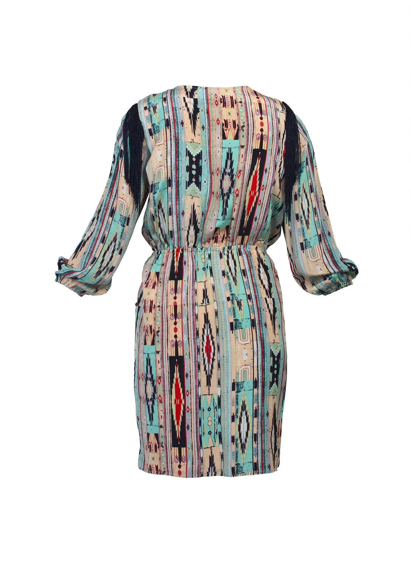 Tribal print silk dress with Fringe shoulder