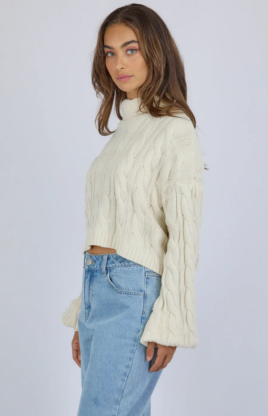 Turtle Neck Cable Cropped Knit Sweater