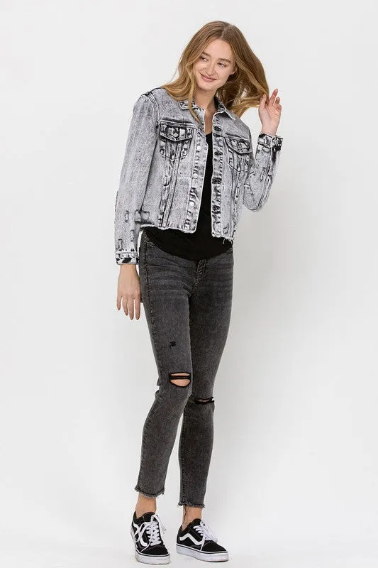 Vervet Distressed Black Acid Wash Crop Jacket