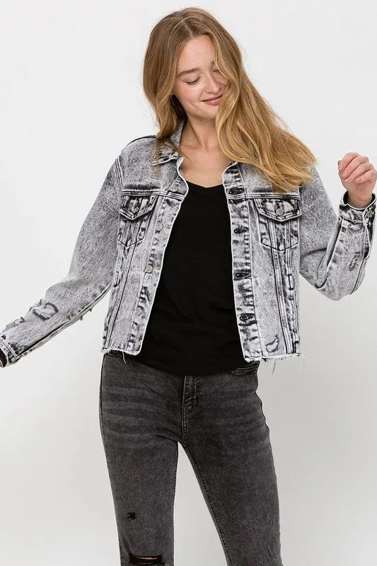 Vervet Distressed Black Acid Wash Crop Jacket