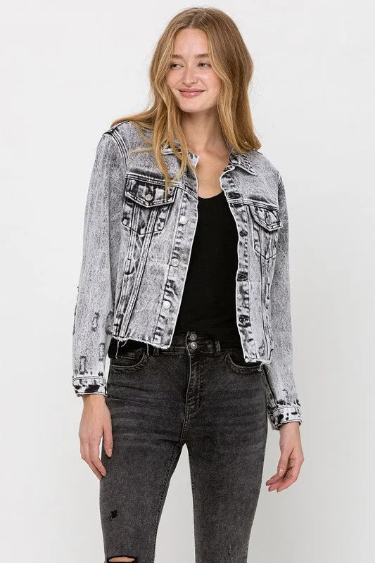 Vervet Distressed Black Acid Wash Crop Jacket