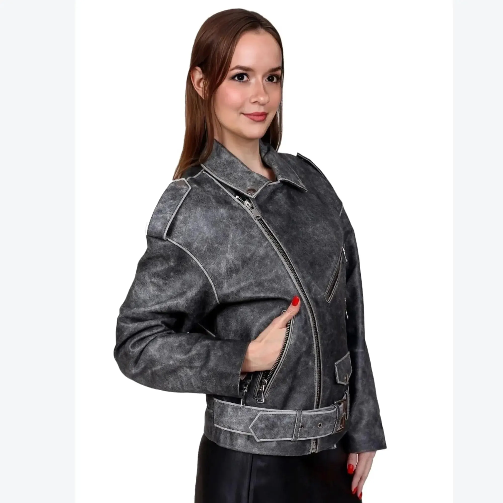 Vintage Effect Jacket Biker Leather Jacket