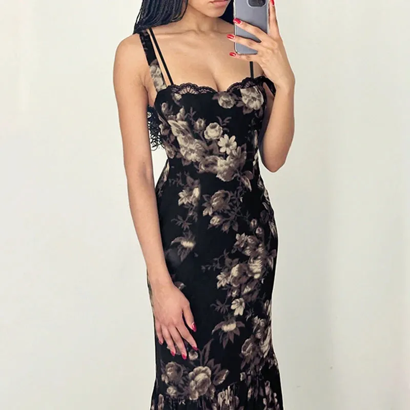 Vintage Fashion Elegant Long Dress Women Lace Trim Trumpet Flowers Printing Y2K Summer Dresses Bodycon Sundress Chic