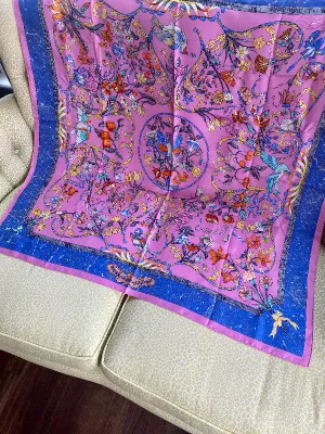 Vintage Paris Scarf Pierres D'Orient et D'Occident Pink Blue Green Yellow Orange Bird and Floral Design