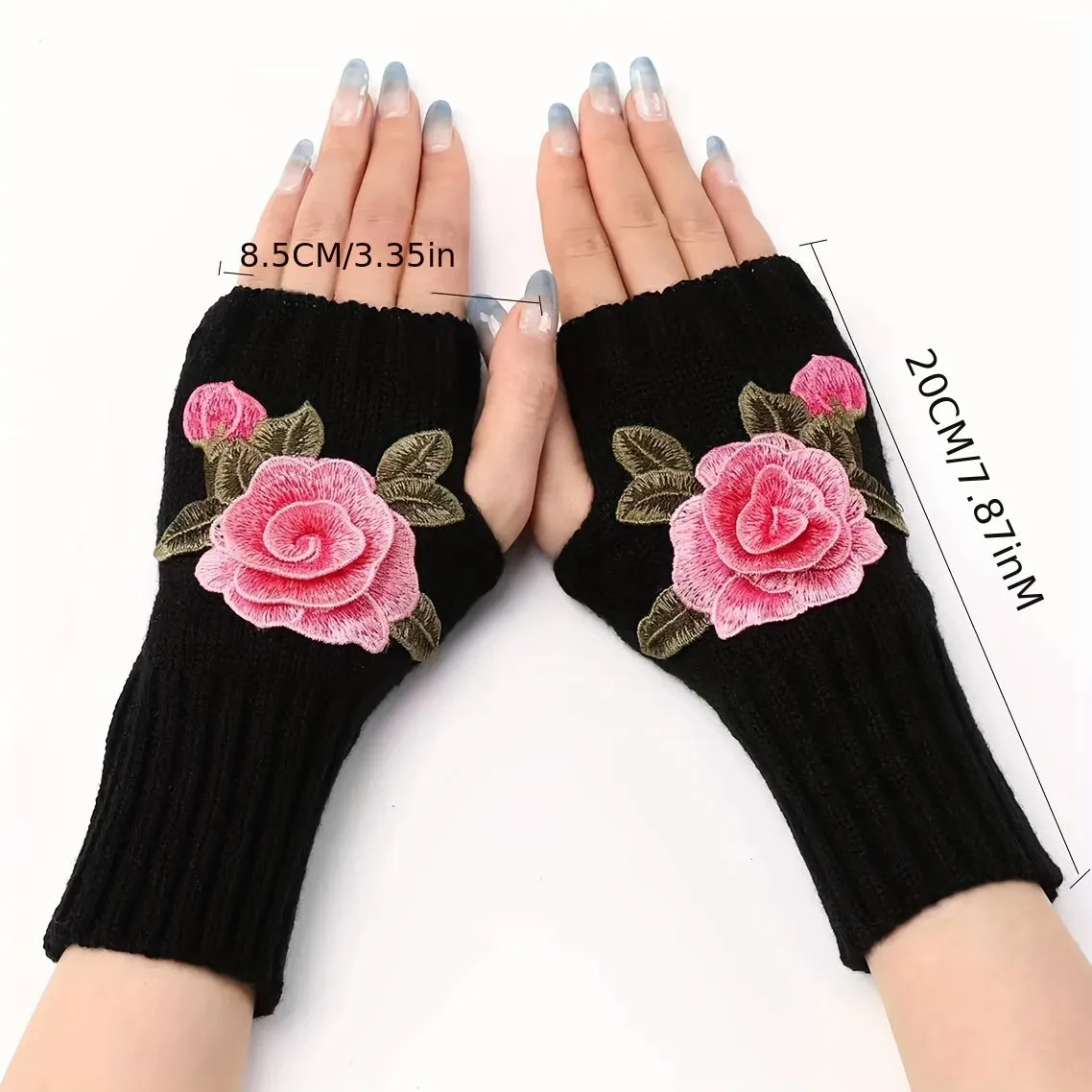 Vintage Rose Embroidered Fingerless Knit Gloves for Cold Weather