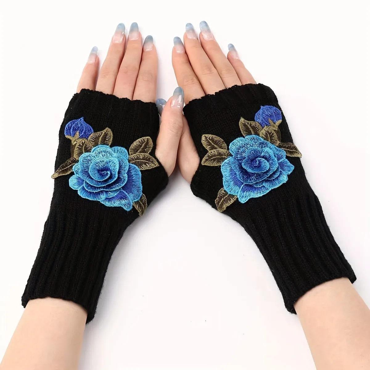 Vintage Rose Embroidered Fingerless Knit Gloves for Cold Weather