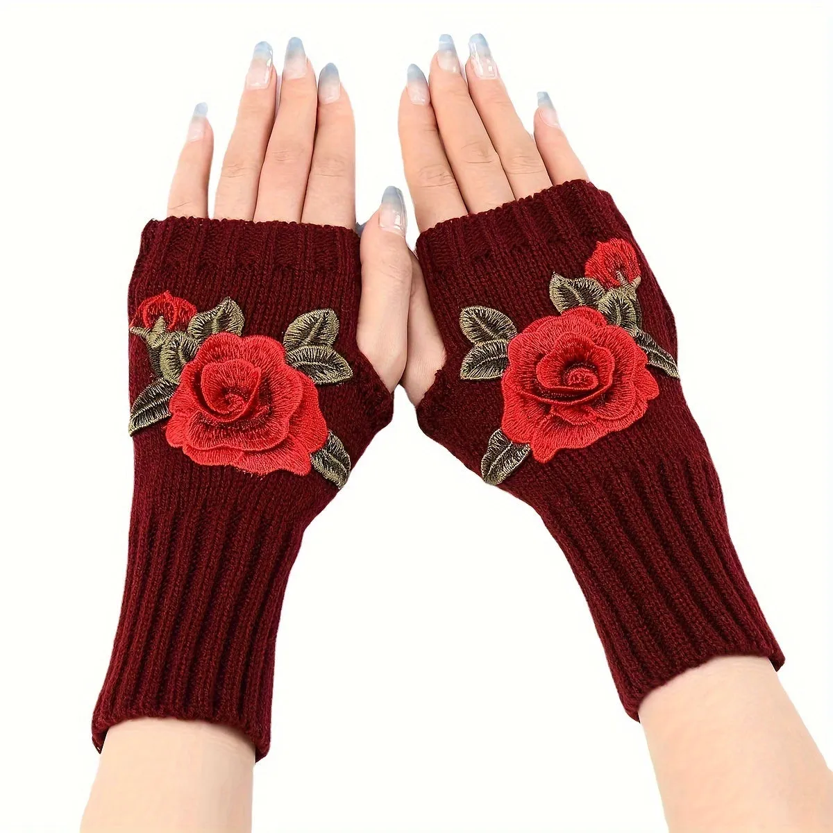 Vintage Rose Embroidered Fingerless Knit Gloves for Cold Weather