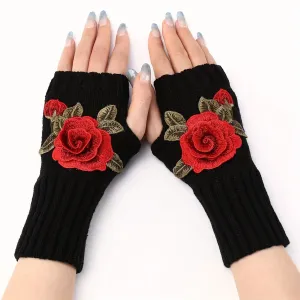 Vintage Rose Embroidered Fingerless Knit Gloves for Cold Weather