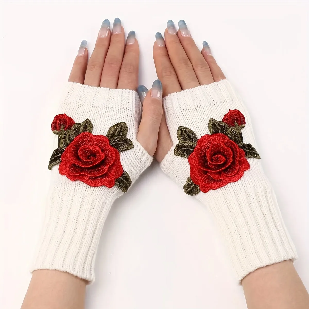 Vintage Rose Embroidered Fingerless Knit Gloves for Cold Weather