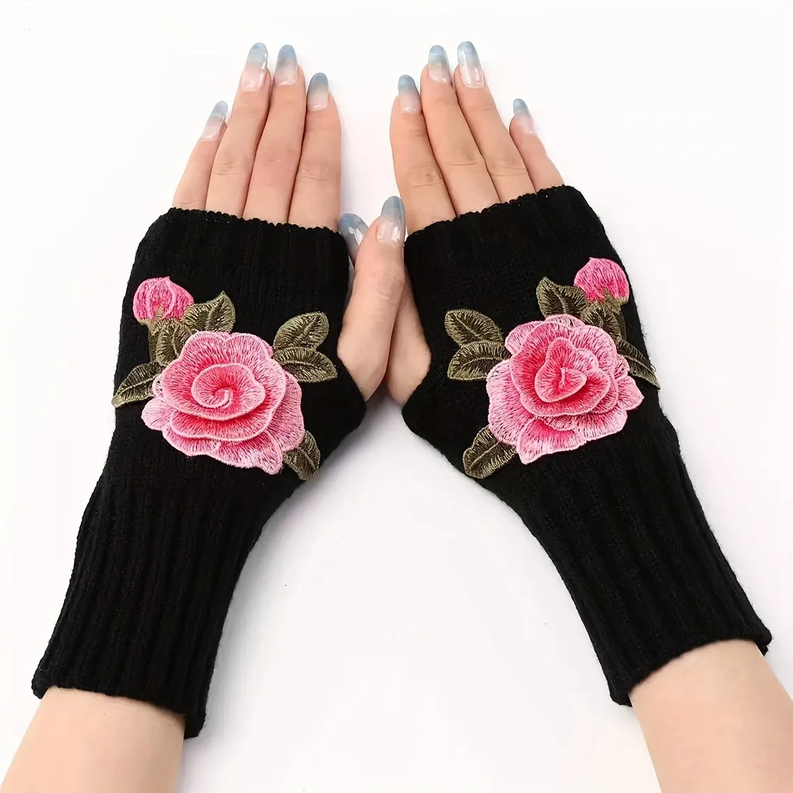 Vintage Rose Embroidered Fingerless Knit Gloves for Cold Weather