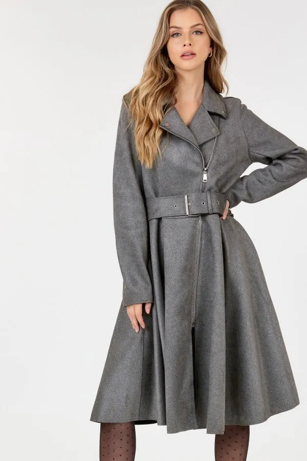 Waist belt tacked faux suede coat solid coat