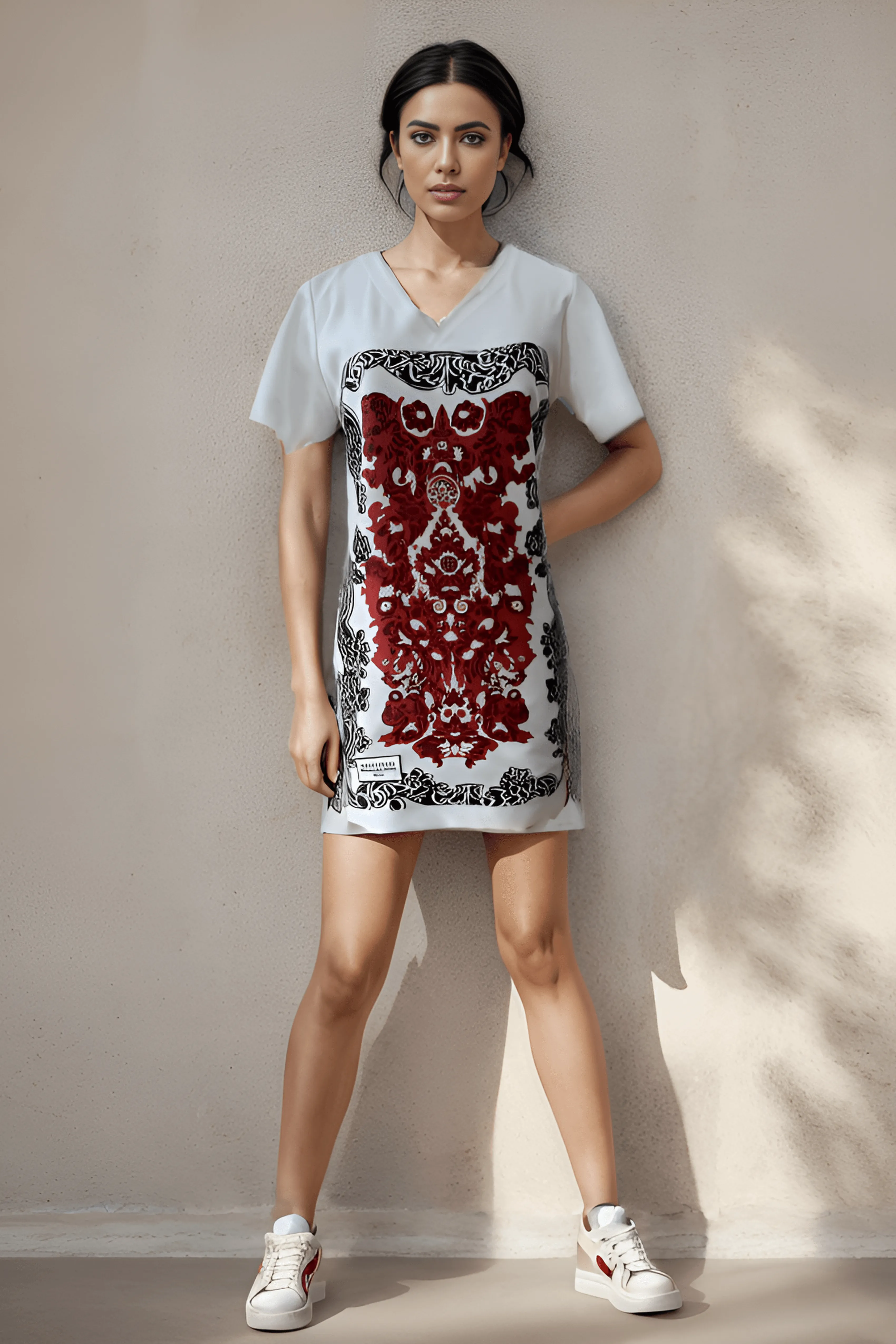 White Red Porcelain T-Shirt Dress