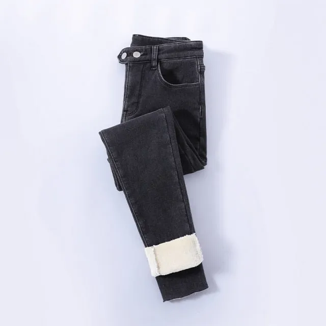 Winter Thick Velvet Women High Waist Skinny Jeans Warm Slim Fit Pants