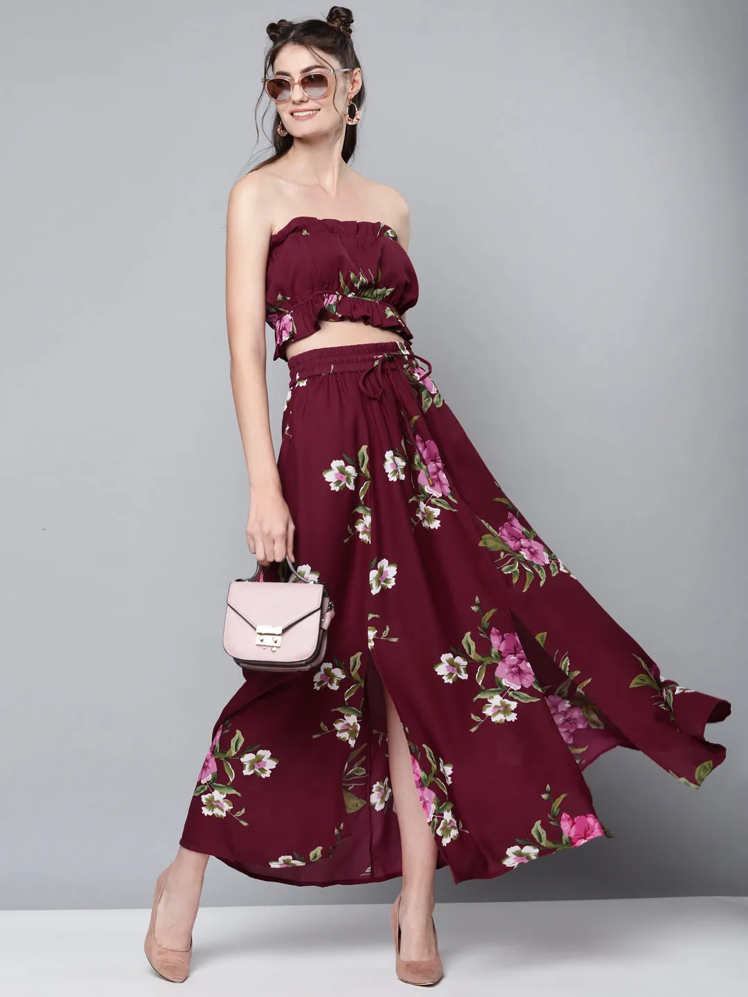 Women Maroon Floral Maxi Skirt