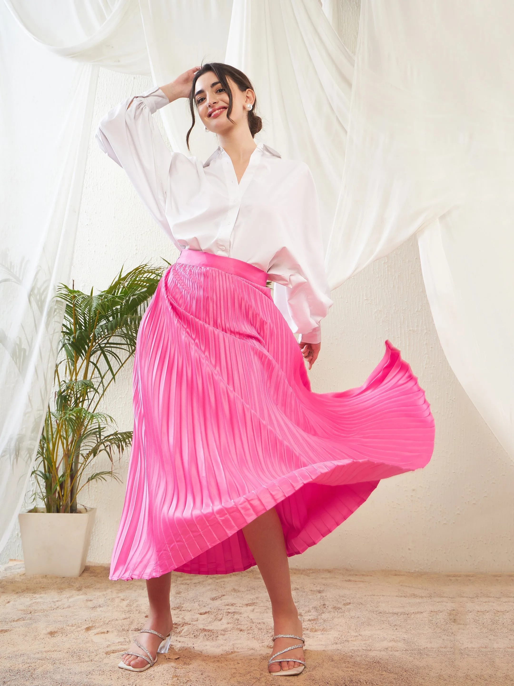 Women Pink Satin Accordion Pleated Maxi Skirt