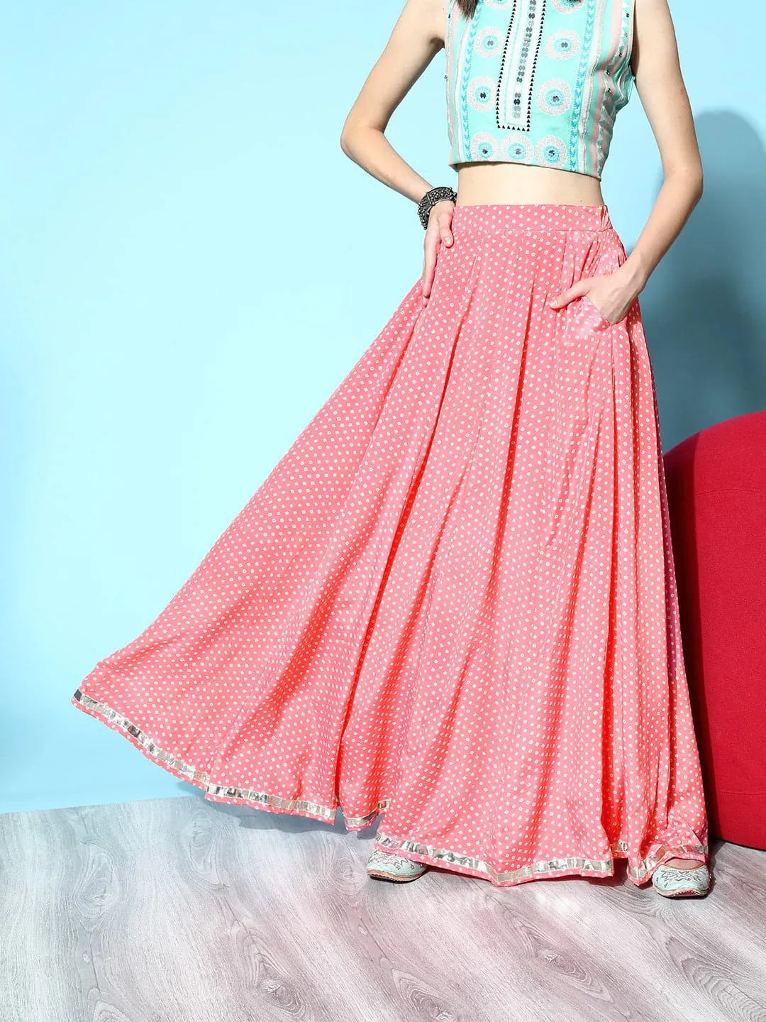 Women Pink Tie & Dye Pocket Anarkali Skirt