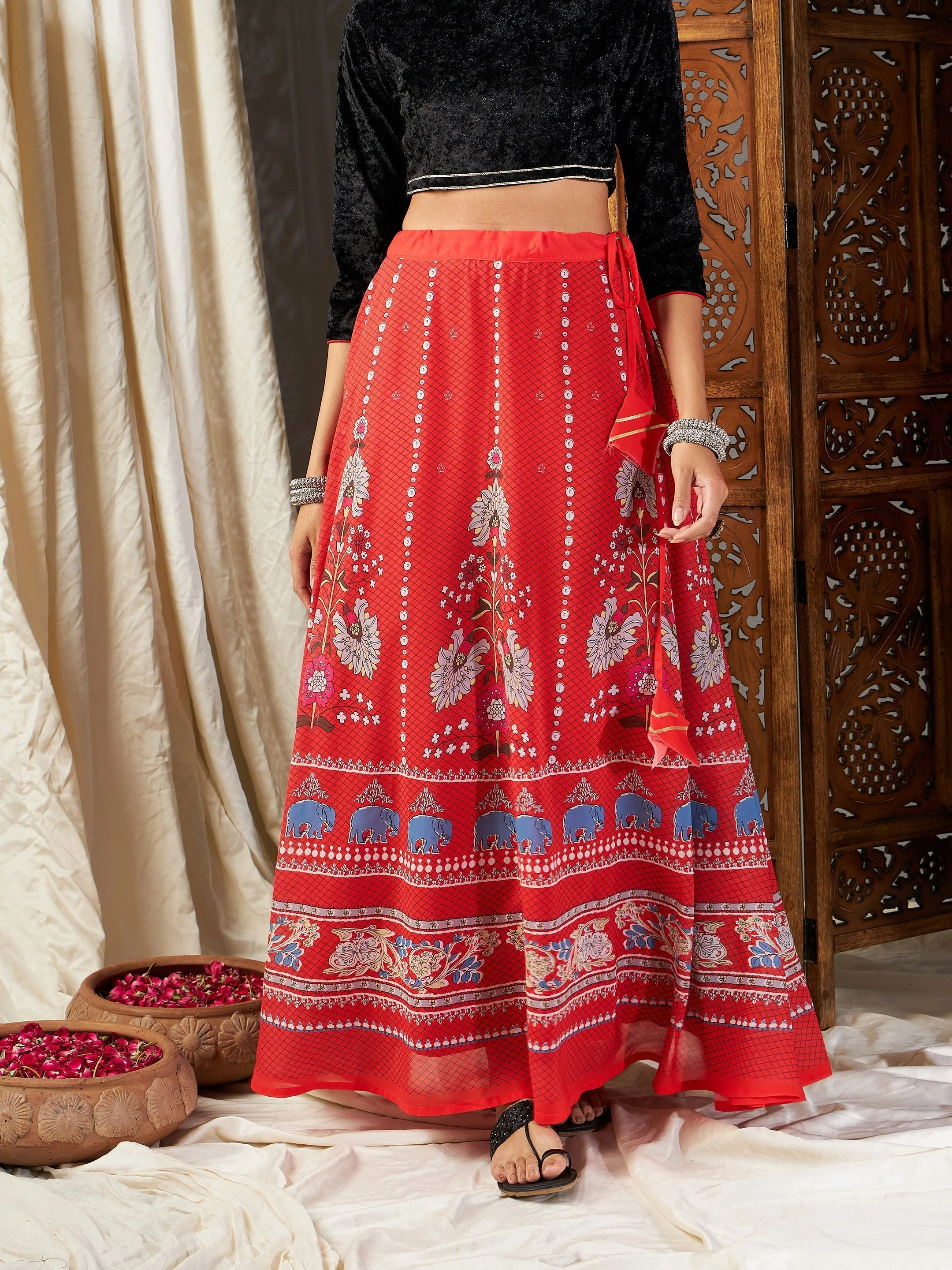 Women Red Floral Bias Flared Skirt