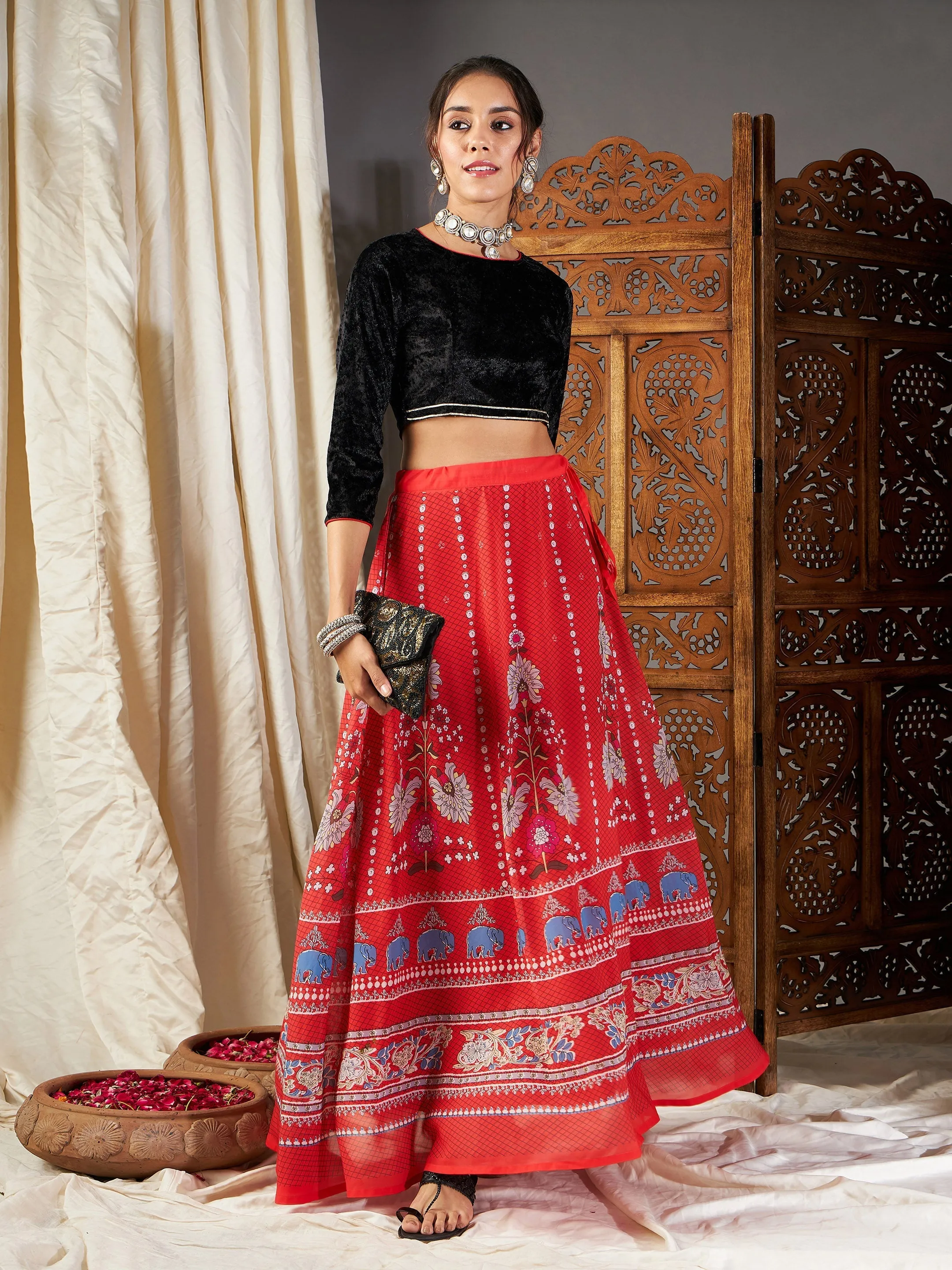 Women Red Floral Bias Flared Skirt