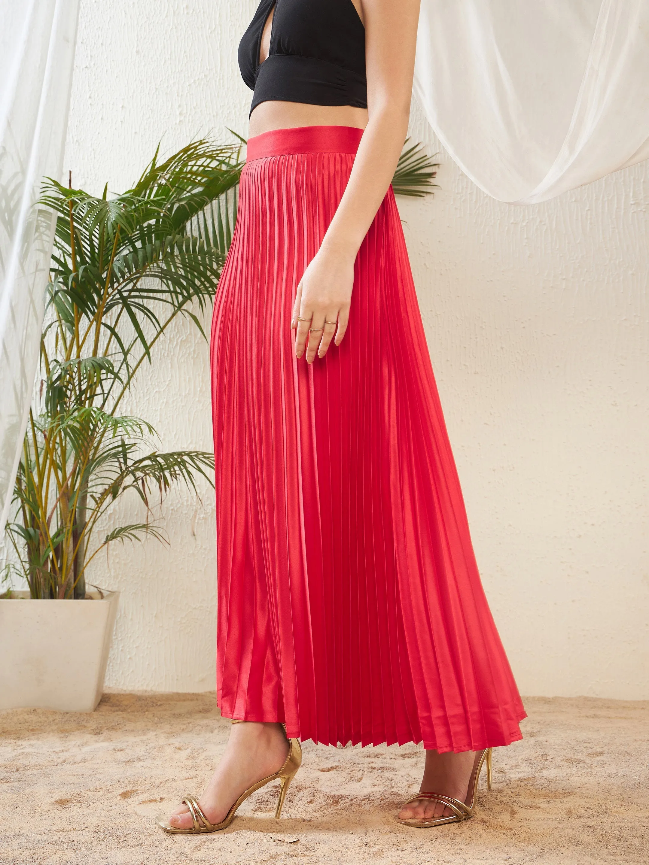 Women Red Satin Accordion Pleated Maxi Skirt