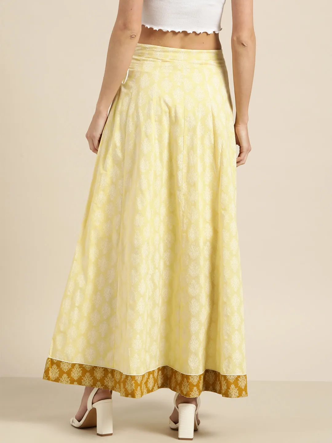 Women Yellow Floral Anarkali Skirt With Solid Border